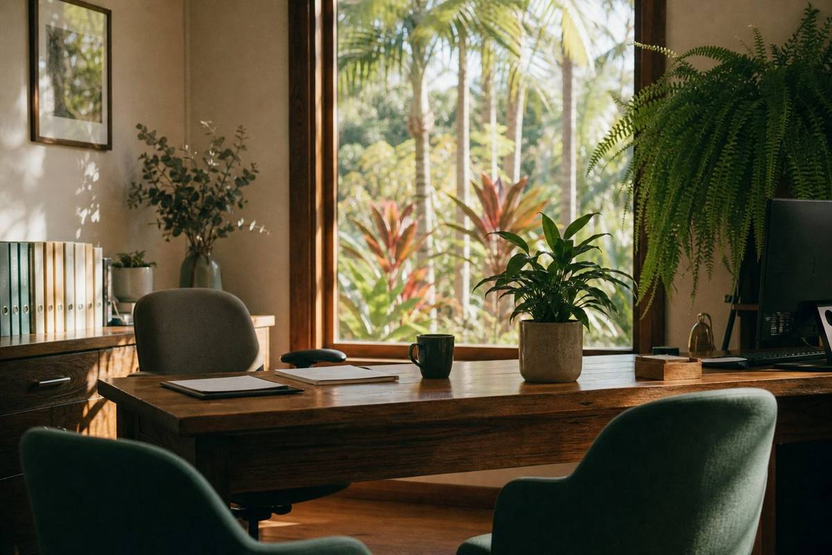 A meeting room at Kuranda Village Accountancy looking out to rainforest